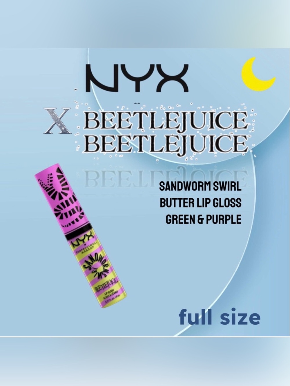 ⬇️🇺🇸🆕NIB NYX Bettlejuice |FULL| SANDWORM SWIRL BUTTER LIP GLOSS Purple/Green*